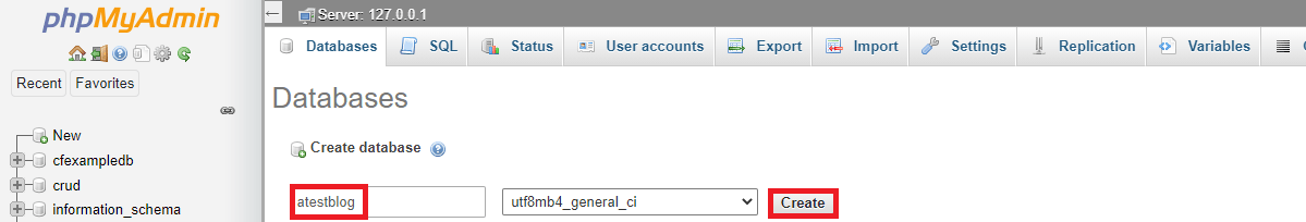 Create MySQL database atestblog