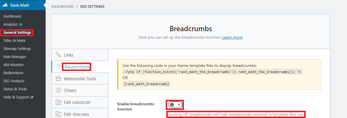 Breadcrumbs settings in RankMath