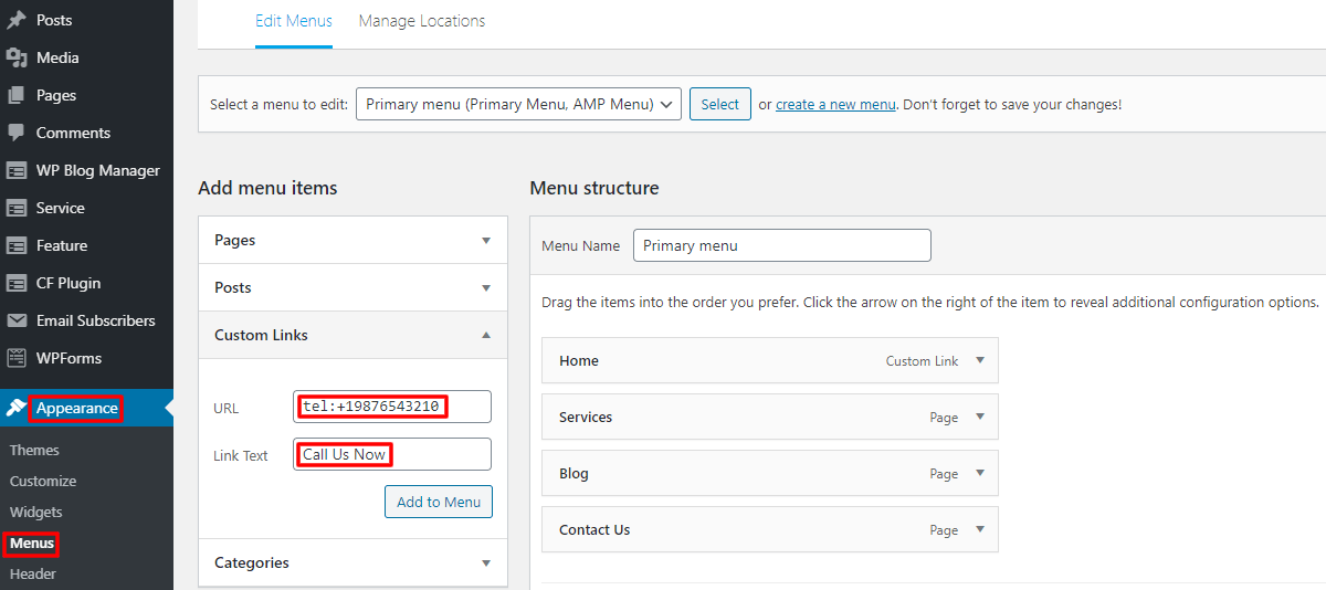 How to add a clickable phone number in WordPress menu
