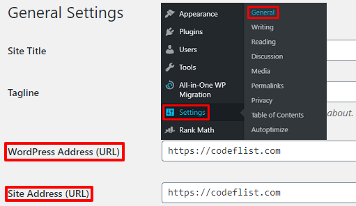 WordPress address URL greyed out