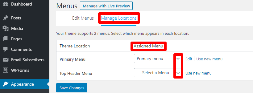 What is a menu on WordPress - Manage Locations
