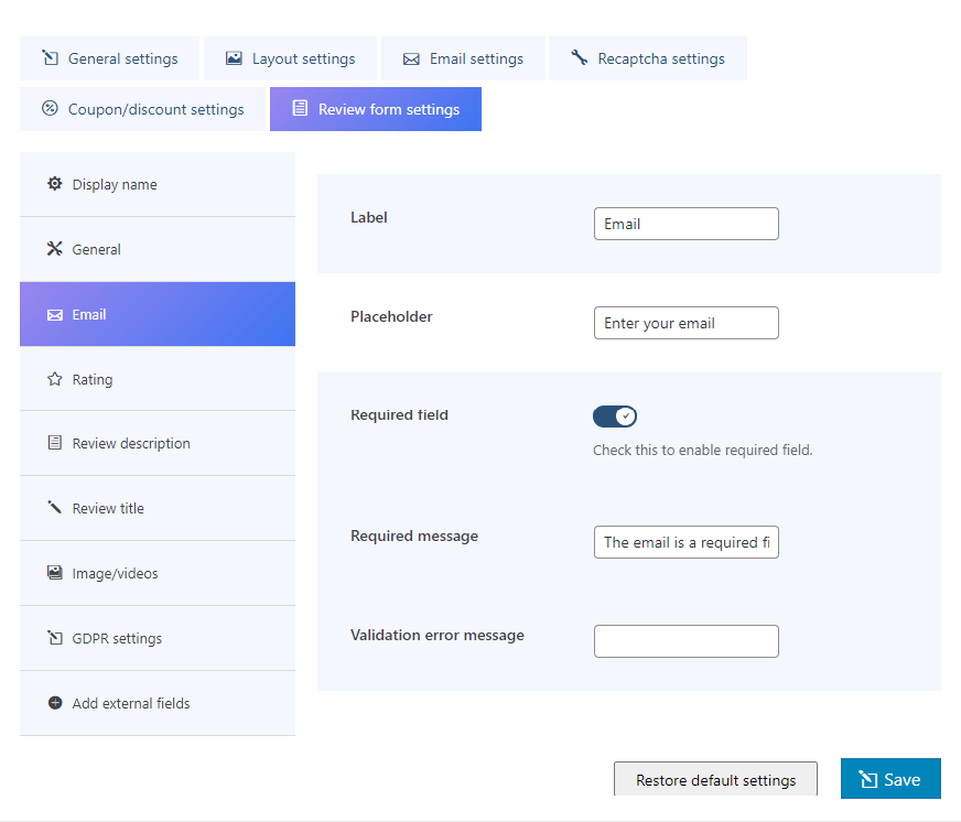 email form settings